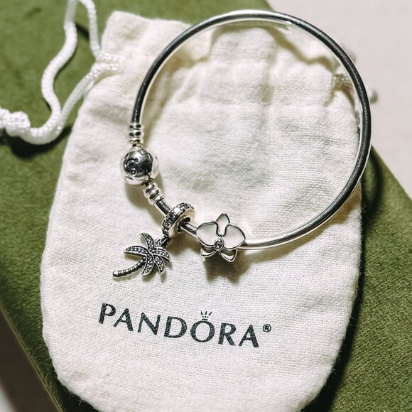NEW Pandora Sterling Silver Bangle with Orchid and Palm Tree CZ Charms - Picture 1 of 16
